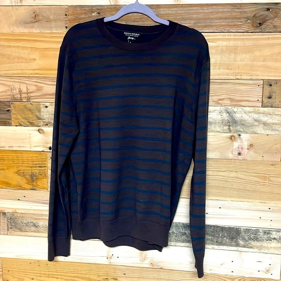 Banana Republic size L brown/blue stripe Italian Merino Yarn crewneck sweater - Picture 1 of 6